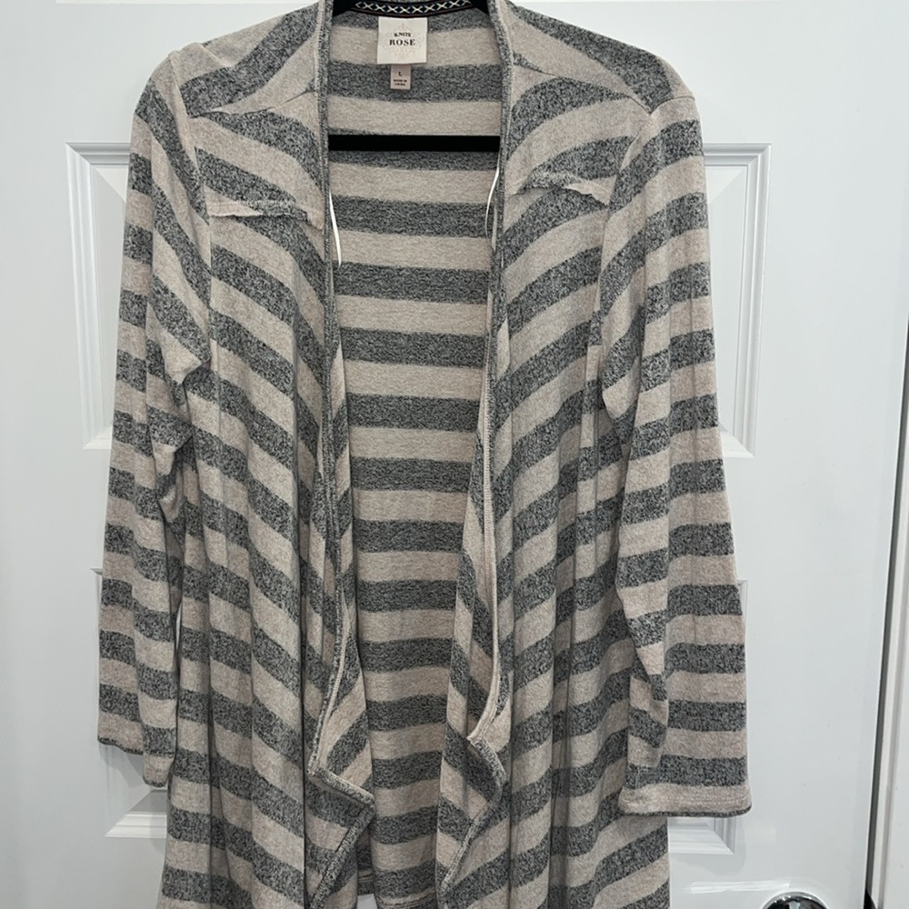 Knox Rose Open Front Flowy Cardigan with Gray & Cream Stripes.